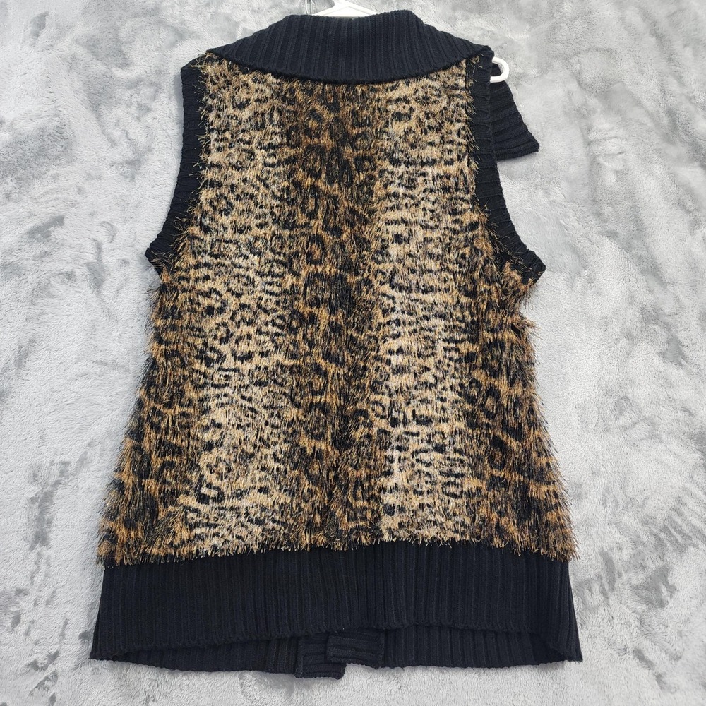 Style&Co Sweater Vest Womens L Brown Black Animal Print Fuzzy Knit Shawl Collar - Picture 3 of 8